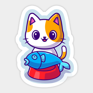 Cute Cat With Fish on Food Bowl Cartoon Sticker